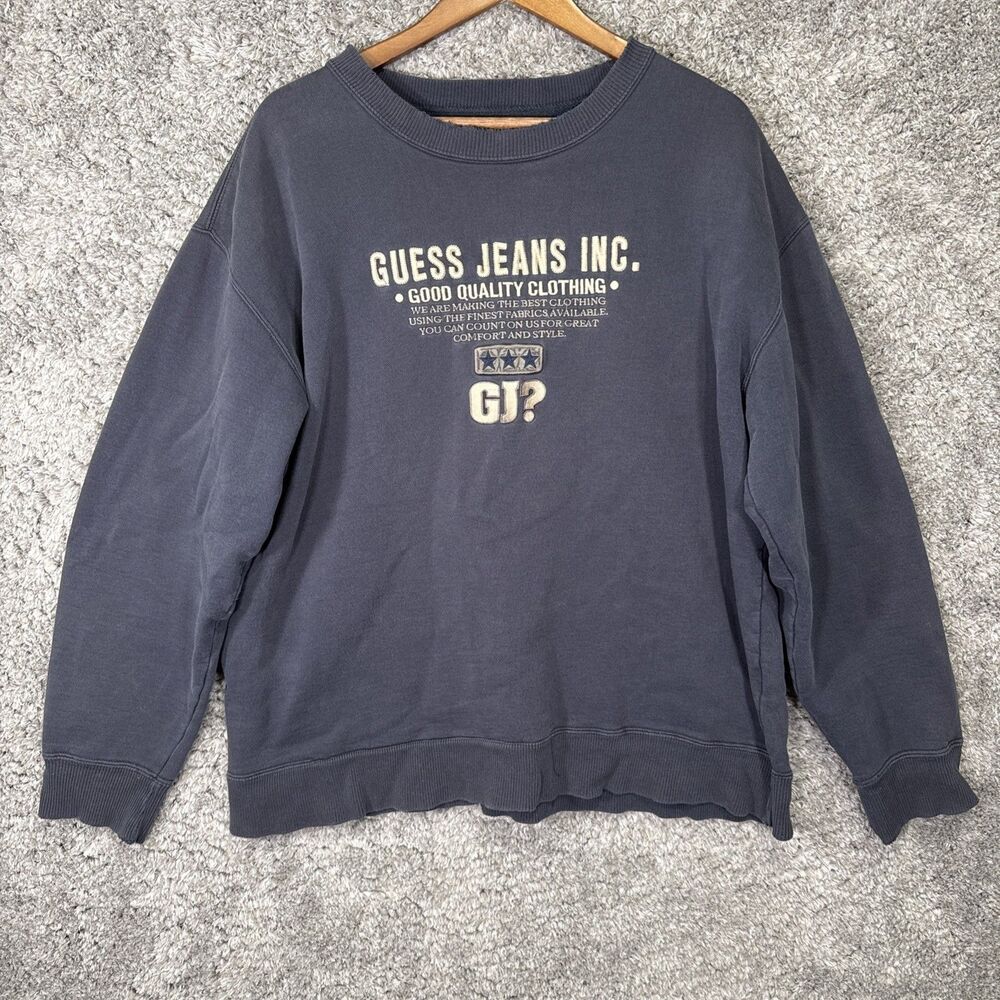 Vintage Guess Jeans Crewneck Sweatshirt Embroidered Black XL Distressed